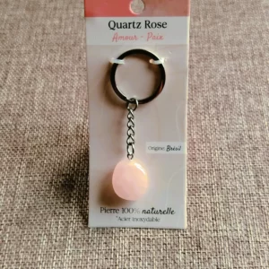 Porte-clés en Quartz rose naturel et Acier inoxydable