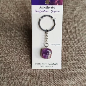 Porte-clés en Améthyste naturelle et Acier inoxydable
