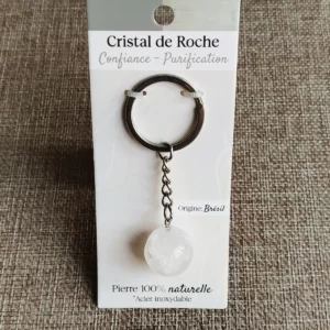 Porte-clés en Cristal de Roche naturel et Acier Inoxydable