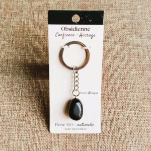 Porte-clés en Obsidienne noire naturelle et Acier inoxydable