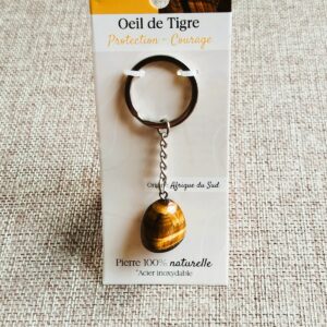 Porte-clés en Oeil de tigre naturel et Acier inoxydable